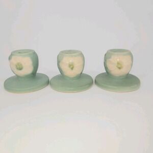Weller Pottery Wild Rose Green Candle Holders Set of 3 1930s USA Vintage Cottage